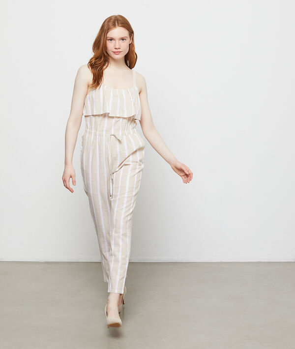 Combinaison à rayures et volants en coton beige.