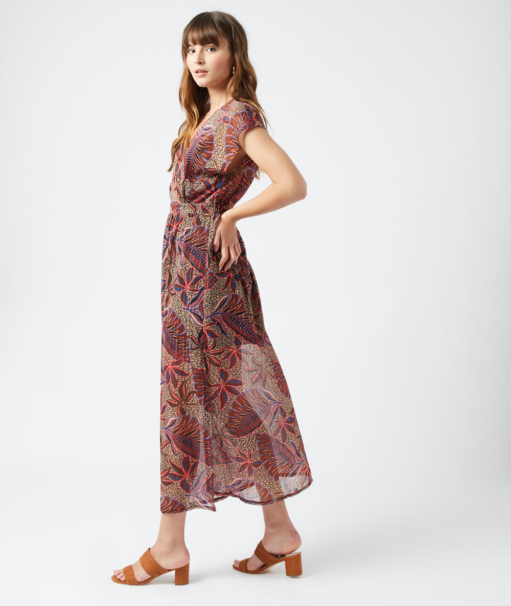 Robe longue imprimé feuillage savane.