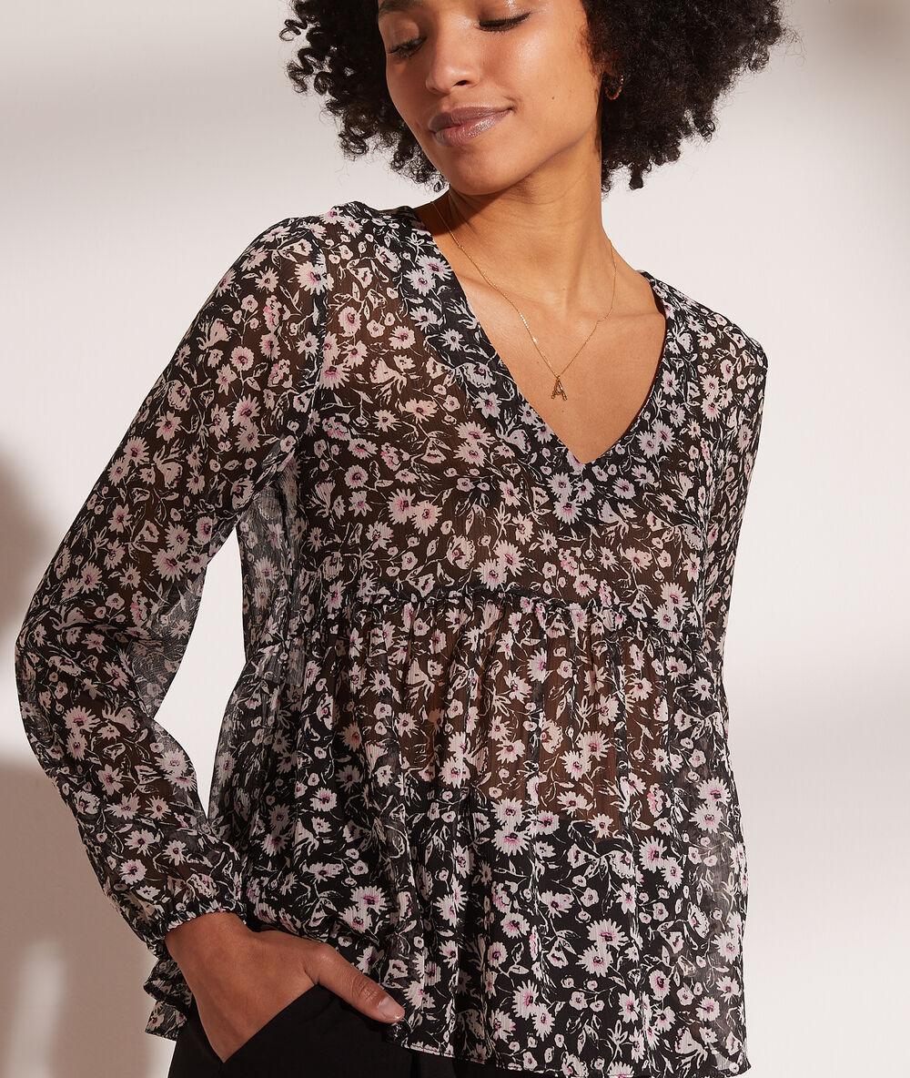 Blouse fluide imprimé fleuri noir.