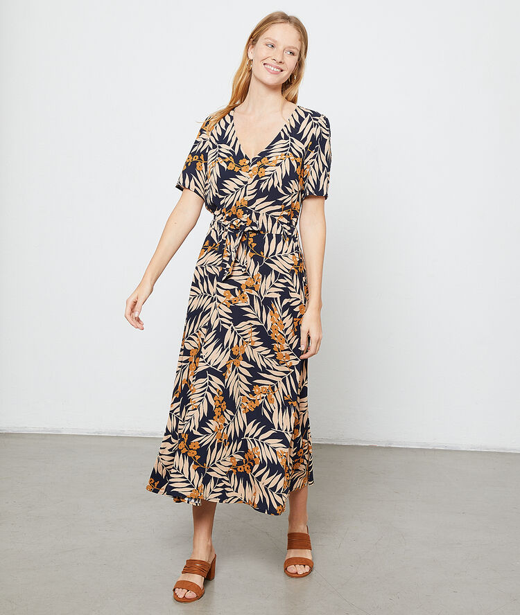 Robe longue imprimé feuillage marine.