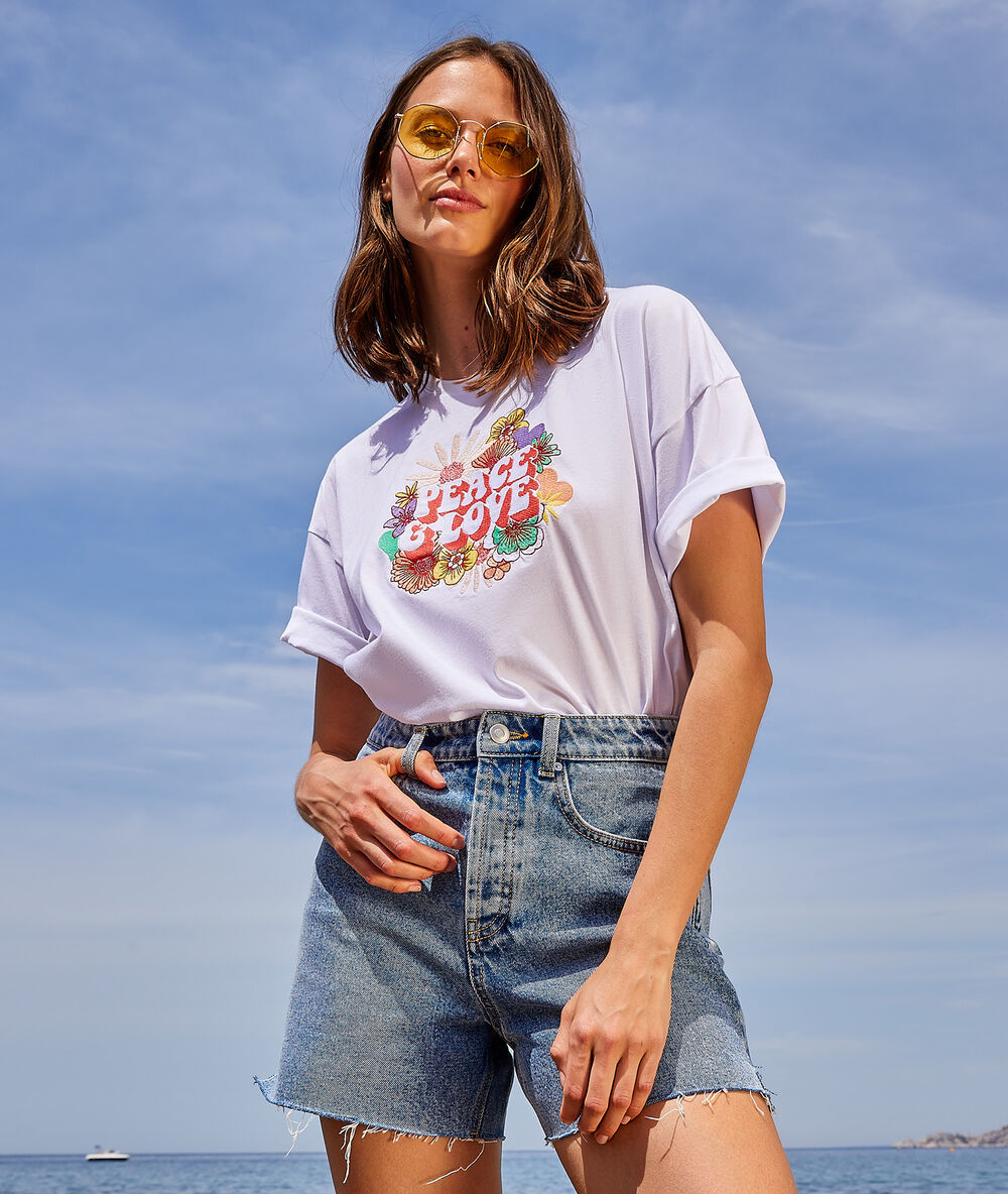 T-shirt imprimé fleuri "peace & love" blanc.