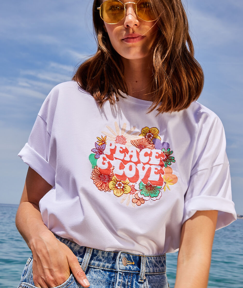 T-shirt imprimé fleuri "peace & love" blanc.