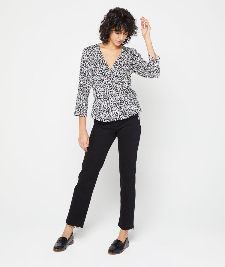 Blouse cache-coeur imprimé fleuri noir.