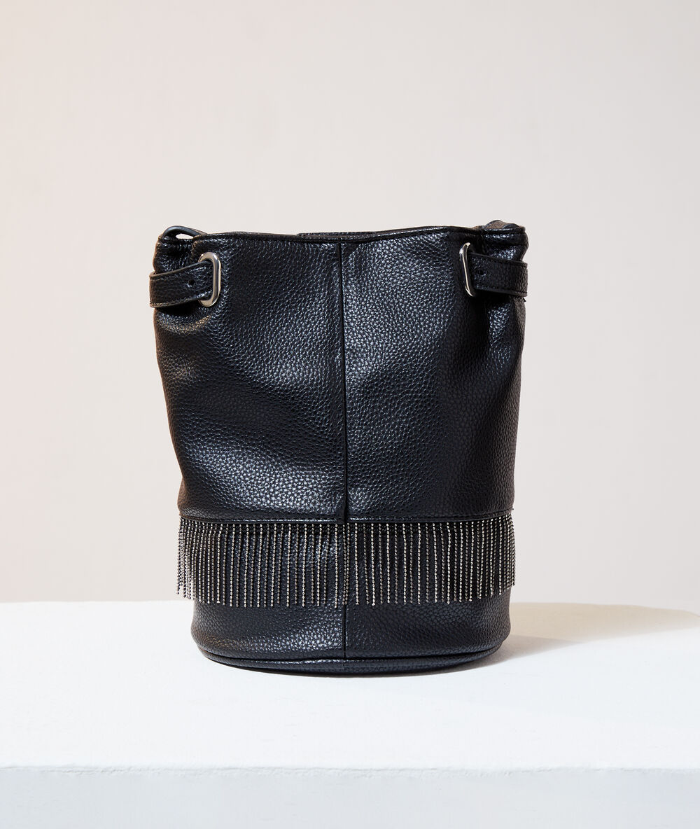 Sac seau à franges effet cuir grainé noir.