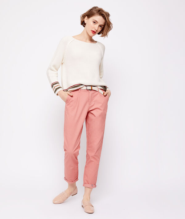 Pull rayé en grosse maille 100% coton beige.