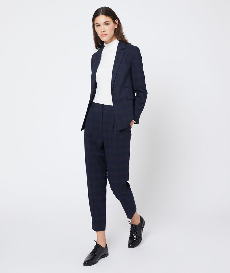Pantalon droit à carreaux marine.