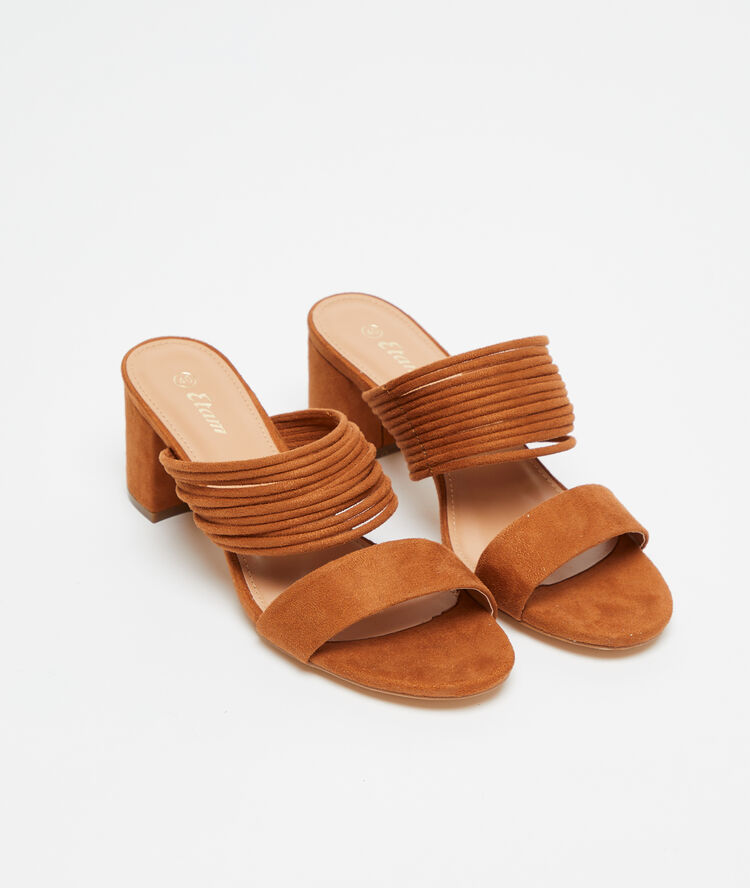 Mules à talons effet daim camel fonce.