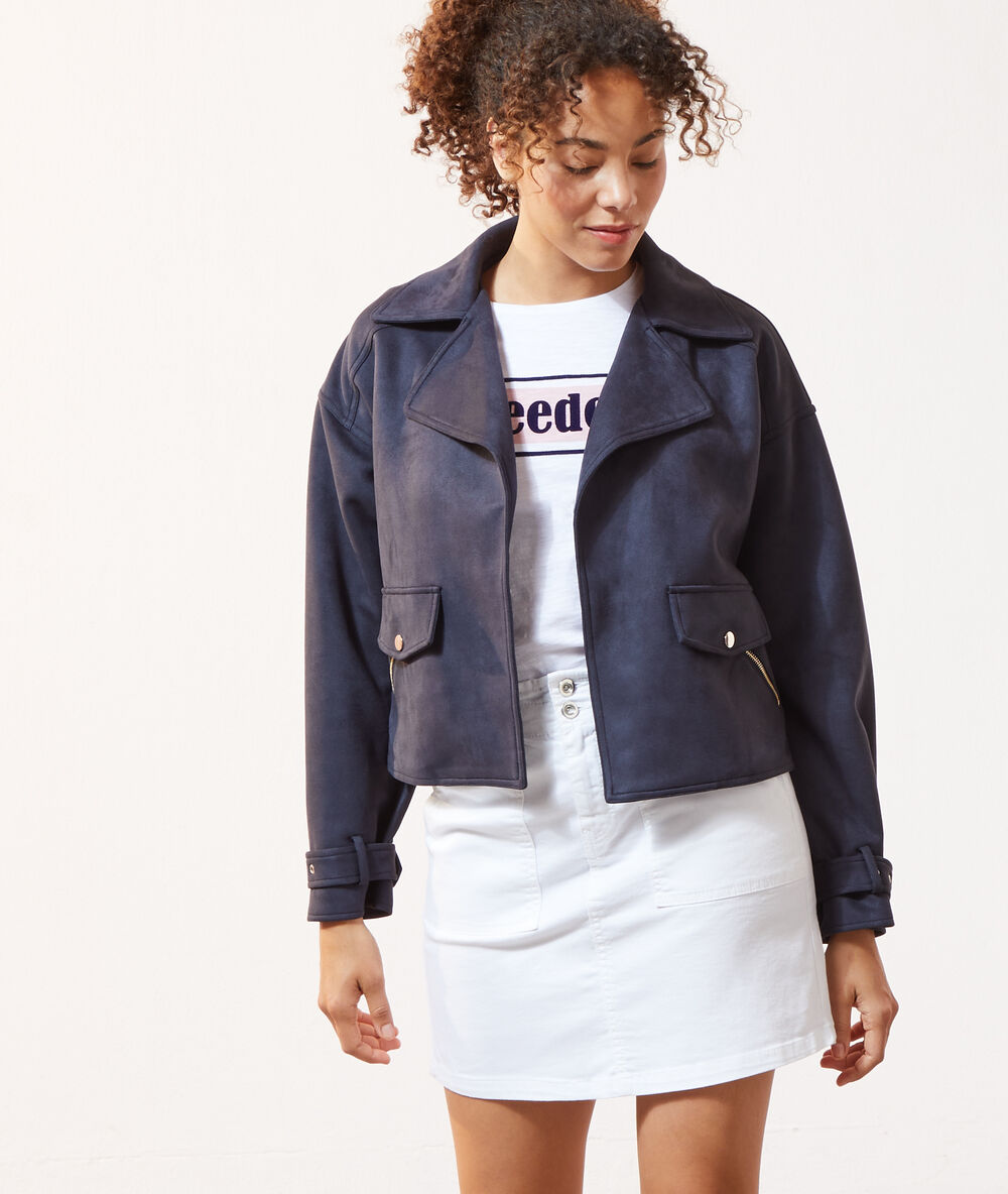 Veste de biker effet daim marine.
