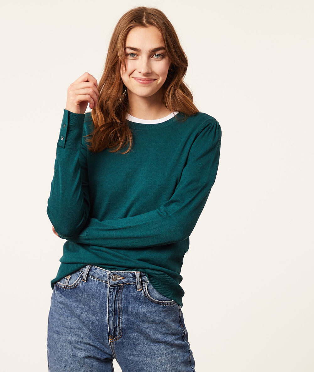 Pull col rond maille fine vert paon.