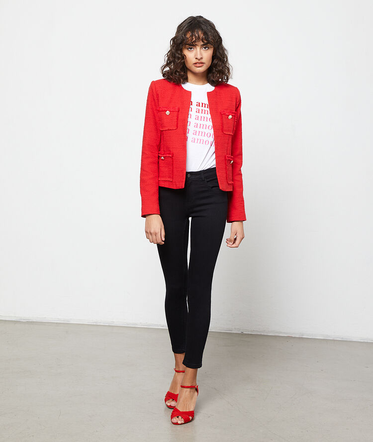 Veste de tailleur effet tweed carmin.