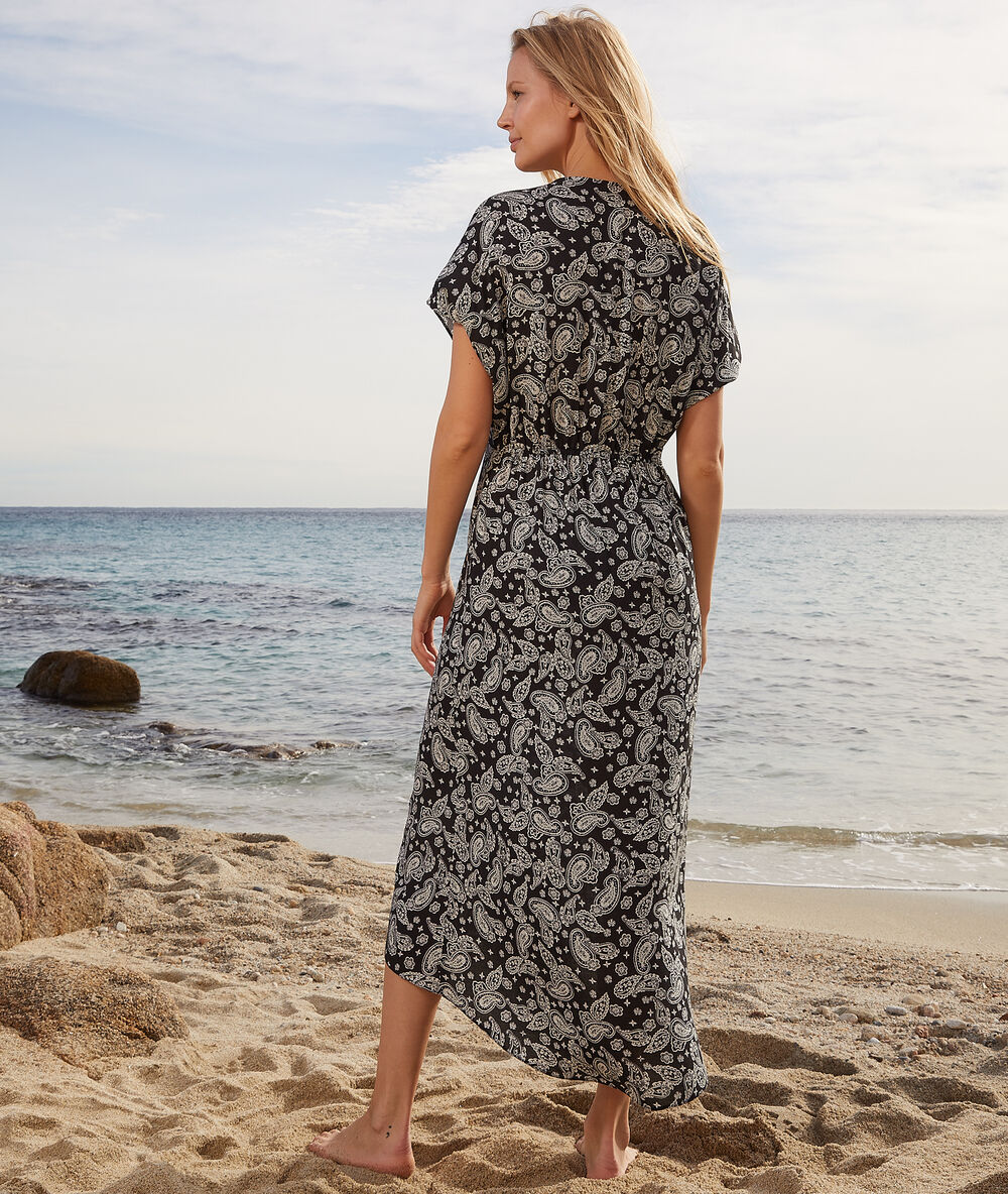 Robe longue décolleté noué imprimée noir.