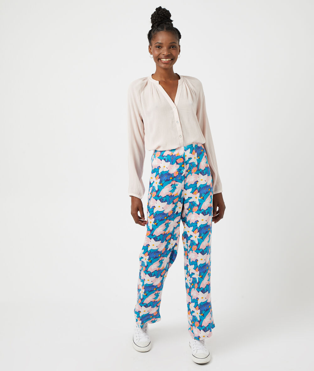 Pantalon large imprimé fleuri marine.