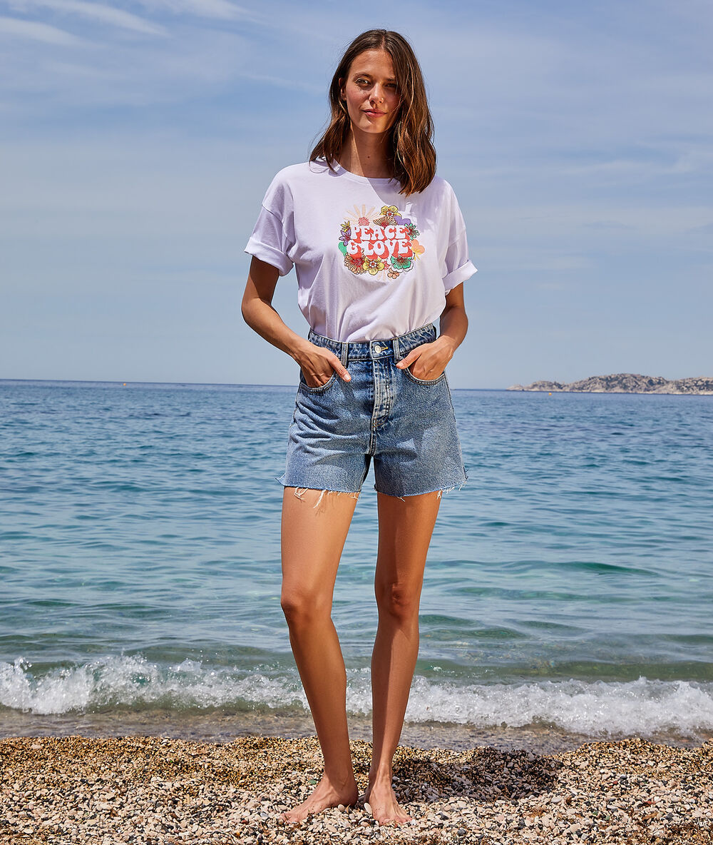 T-shirt imprimé fleuri "peace & love" blanc.