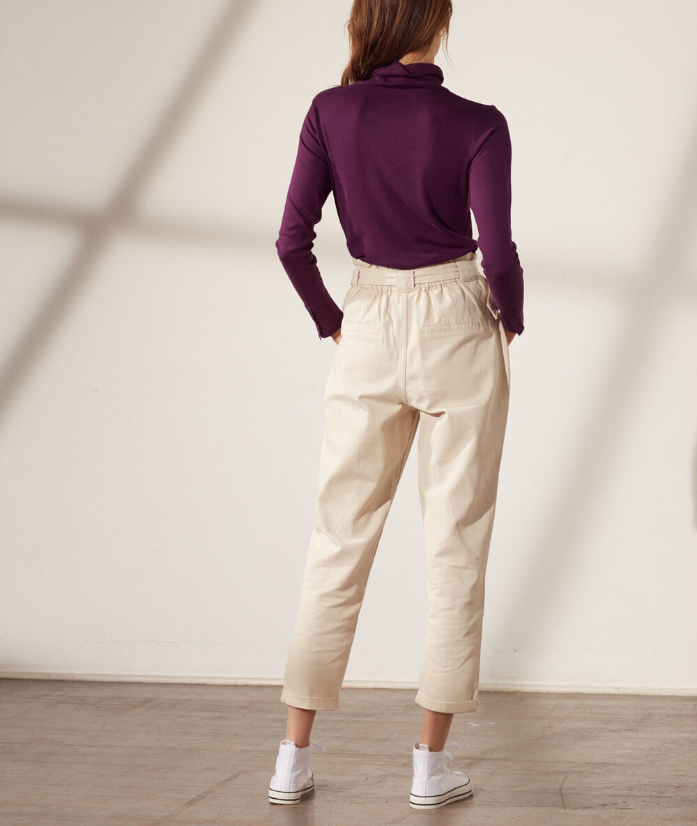 Pull fin col roulé prune.