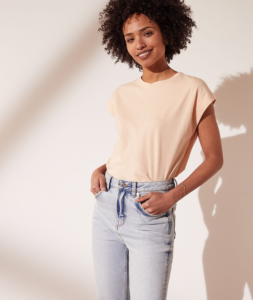 T-shirt col rond peche.