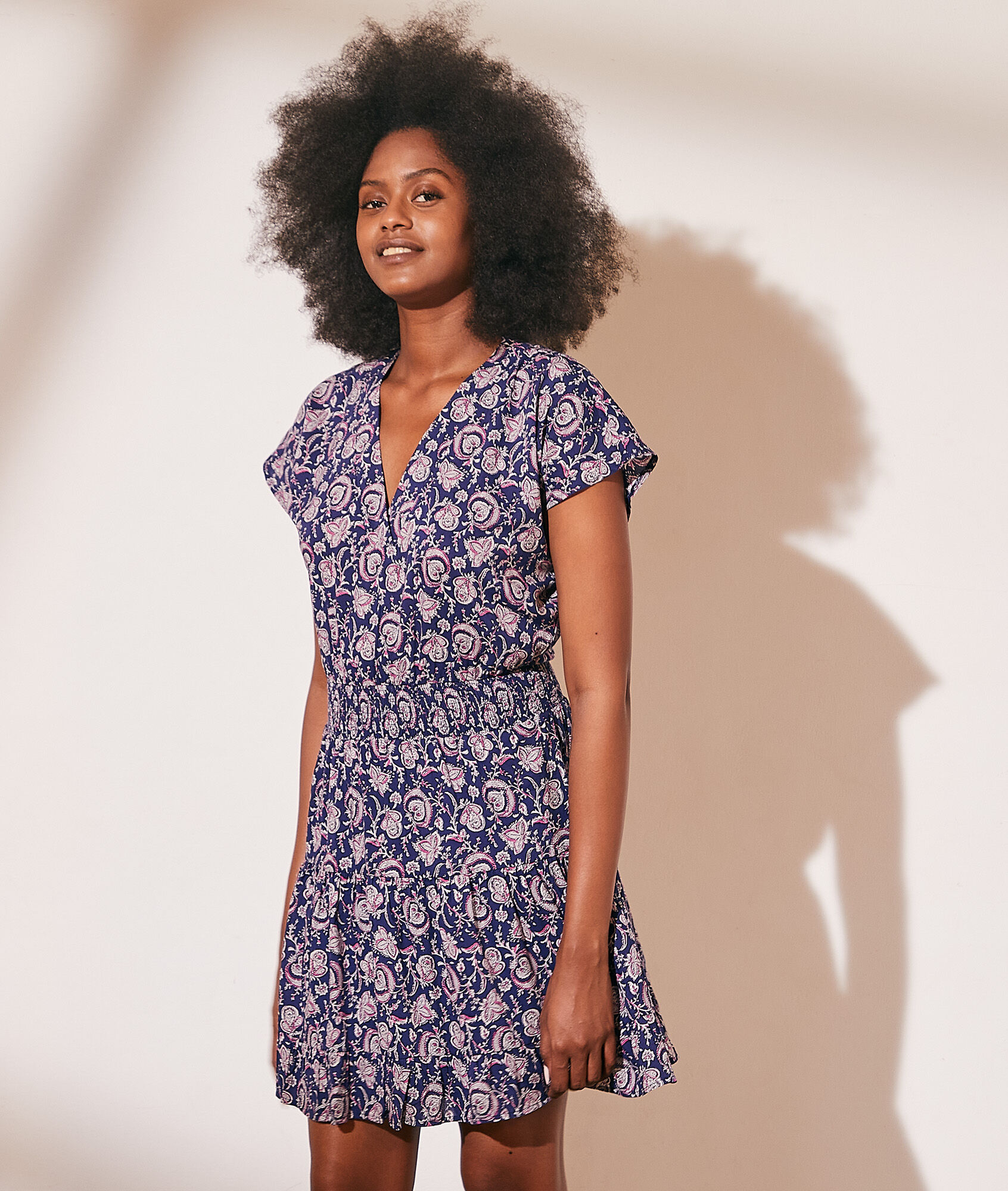 Robe smockée imprimée en coton - Maia - 34 - Bleu - Femme - Etam