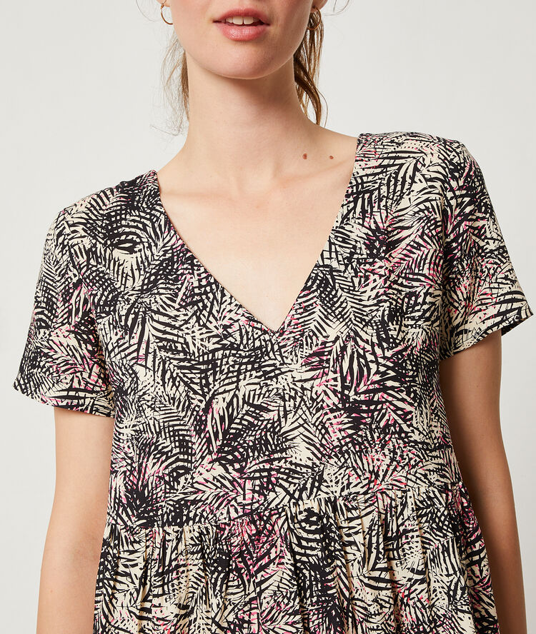 Robe fluide imprimé feuillage ecru.