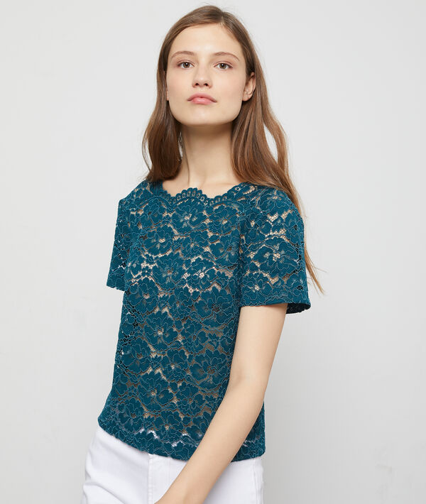 Top en dentelle florale bleu petrole.