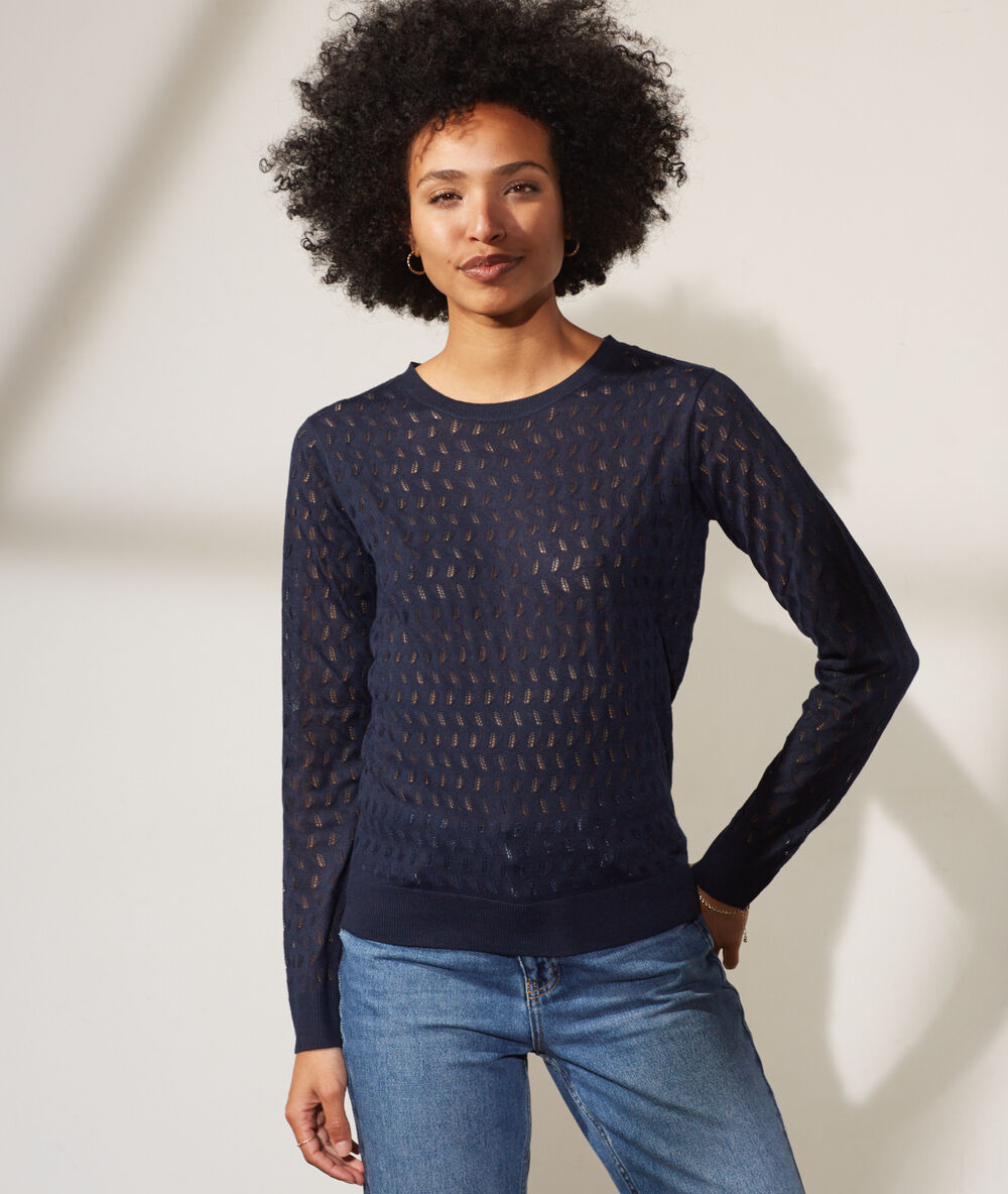 Pull col rond marine.