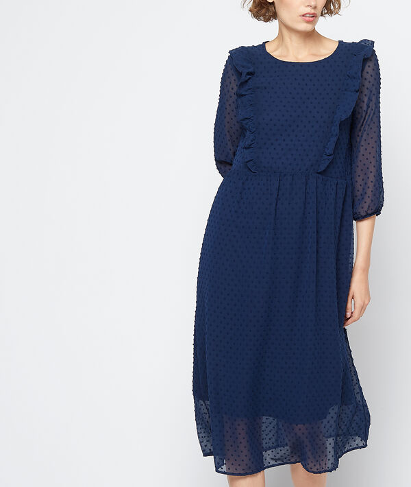 Robe longue en plumetis bleu d'encre.