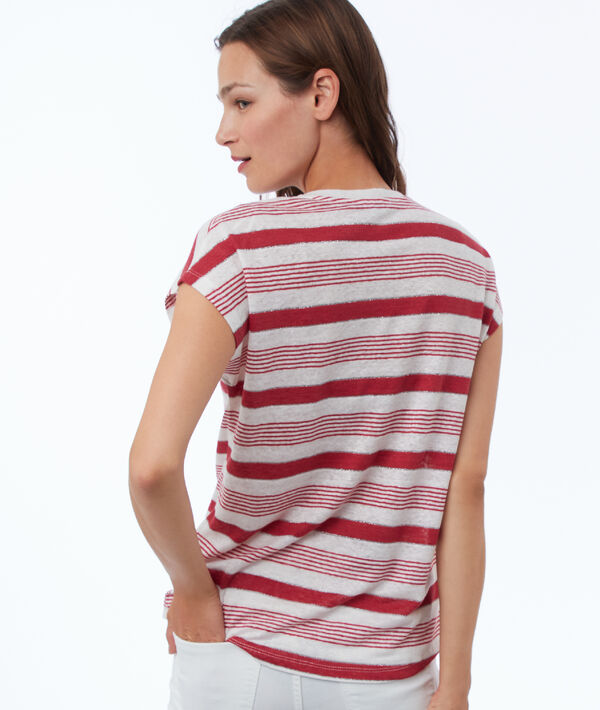 T-shirt à rayures en lin mélangé carmin.