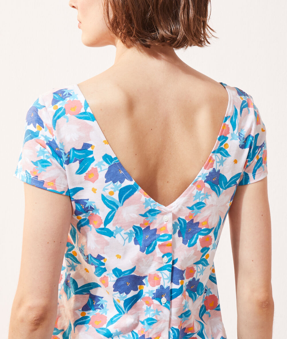 T-shirt imprimé fleuri bleu.