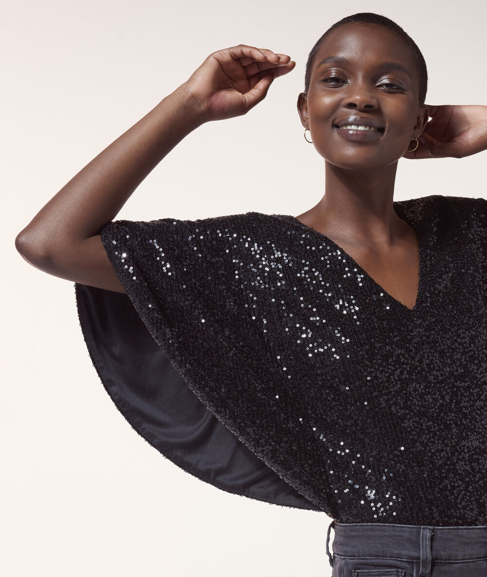 Body en sequins manches chauve-souris noir.
