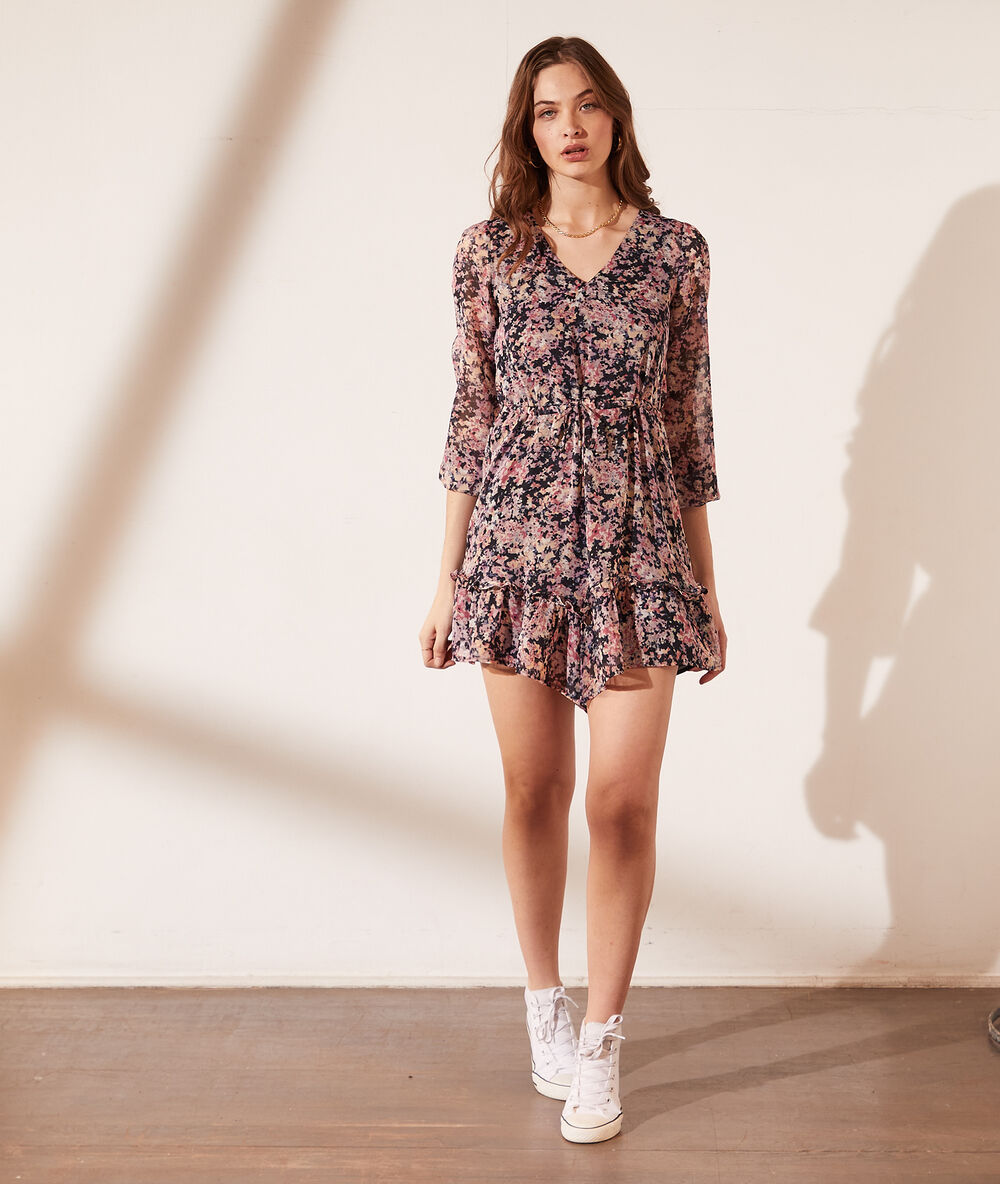 Robe imprimé fleuri ceinturée 2 en 1 - brassière intégrée marine.