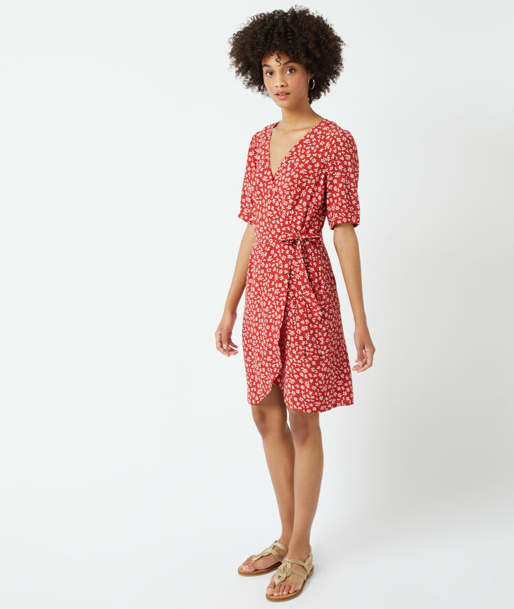 Robe cache-coeur fleurie brique.