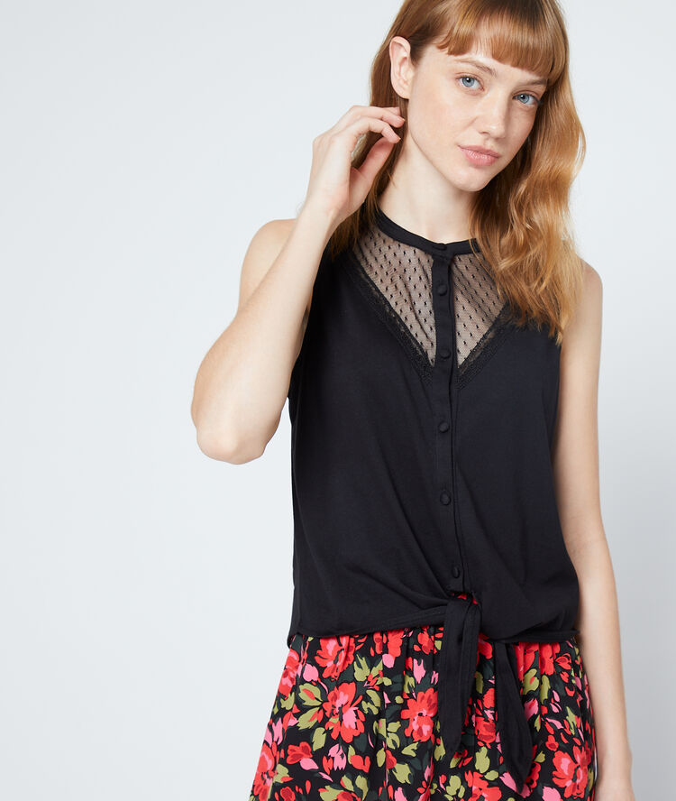 Débardeur décolleté en tulle noir.