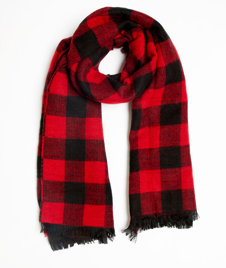 Écharpe plaid à carreaux carmin.