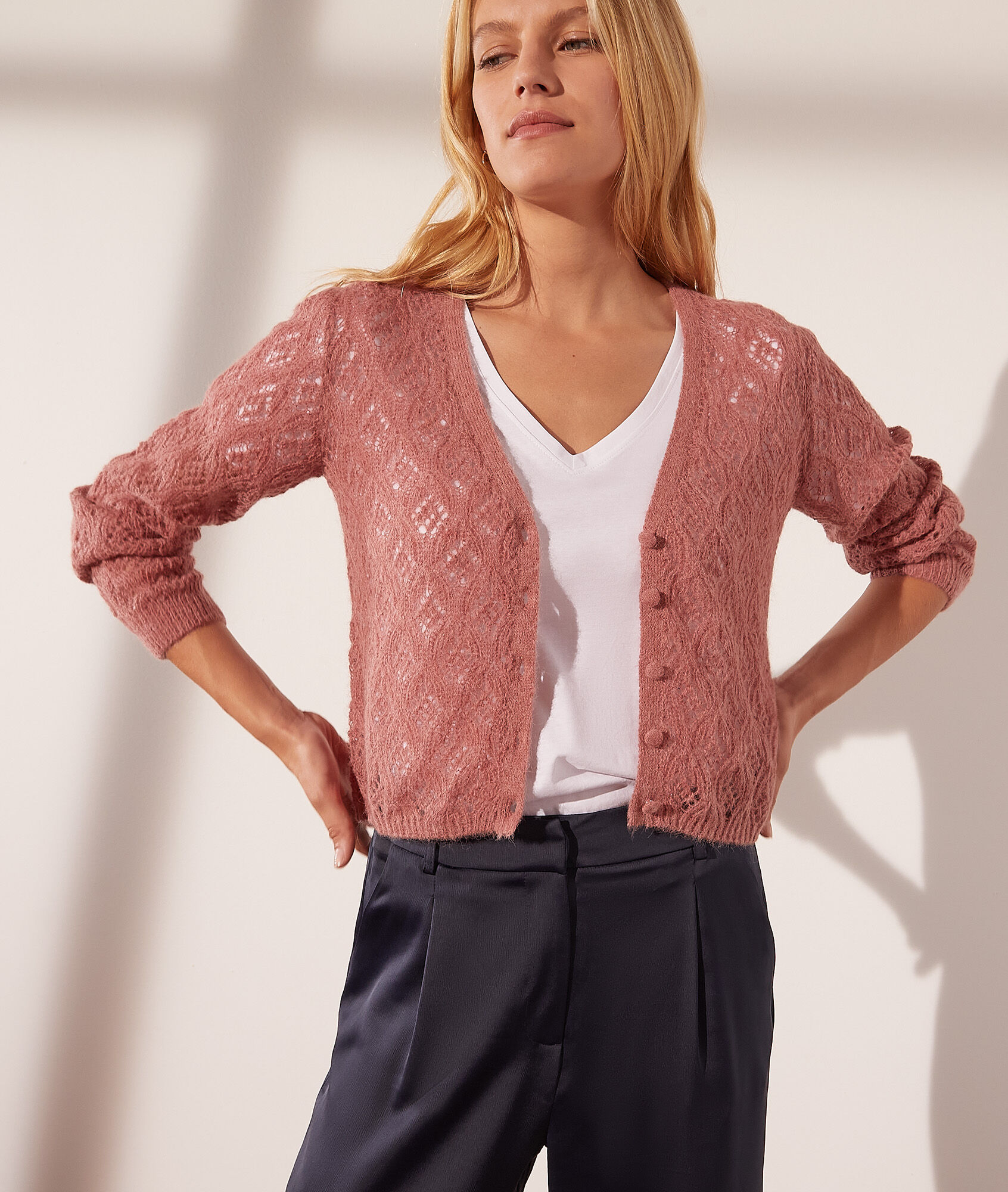 Gilet en maille ajourée - Marnie - XS - Rose - Femme - Etam