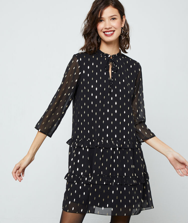 Robe doublée à motifs plumes noir.