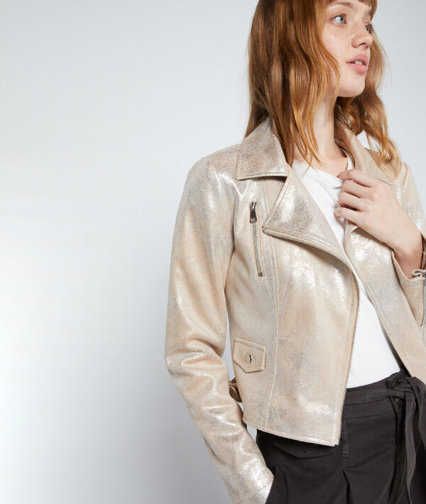 Blouson biker effet métallisé dore.