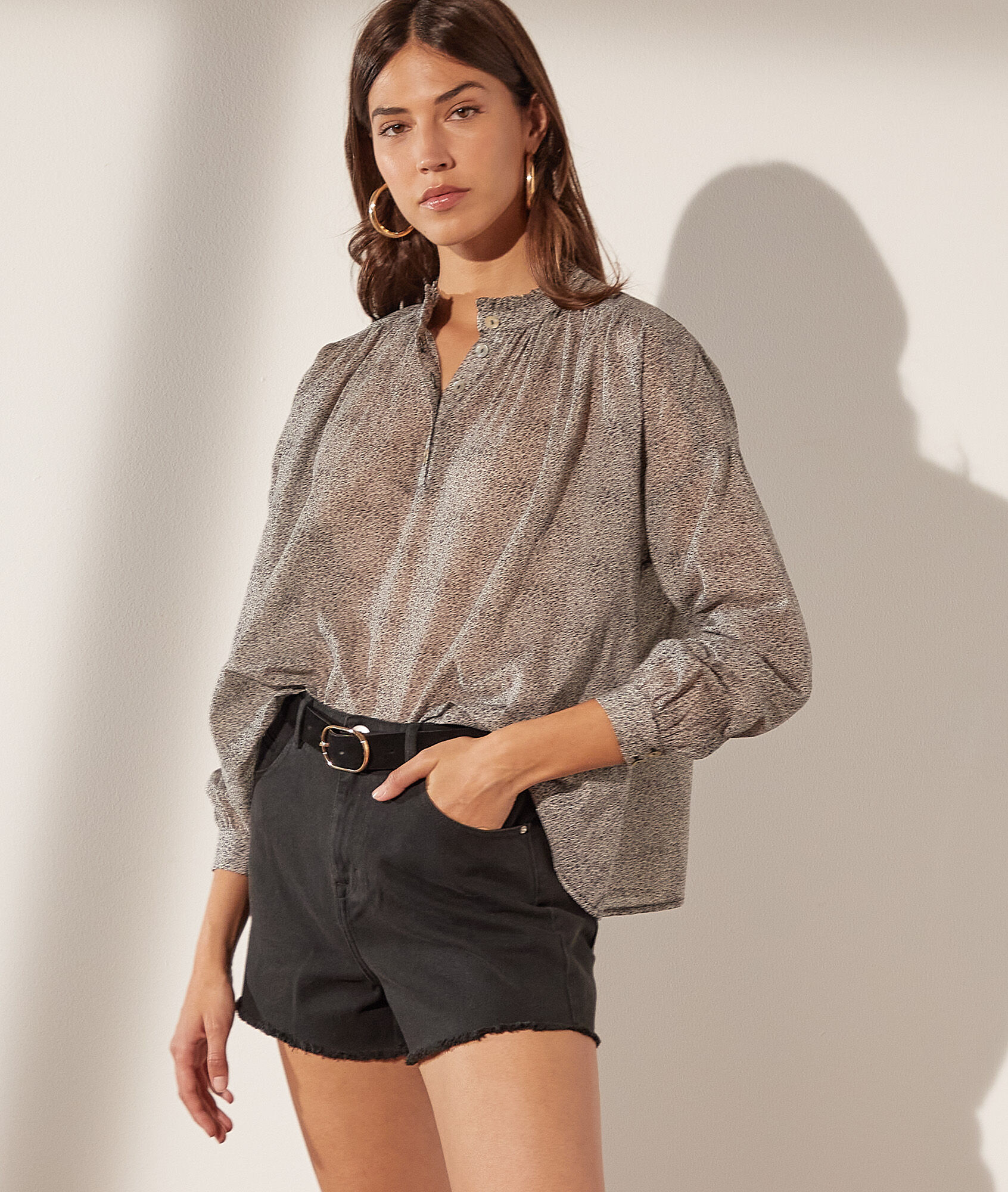 Blouse imprimée col boutonné - Milane - 34 - Noir - Femme - Etam