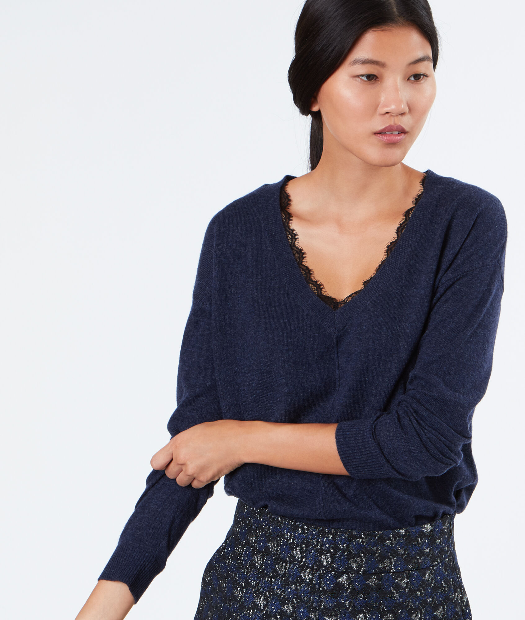 Pull avec col V en dentelle - BRUNA - BLEU MARINE - Etam