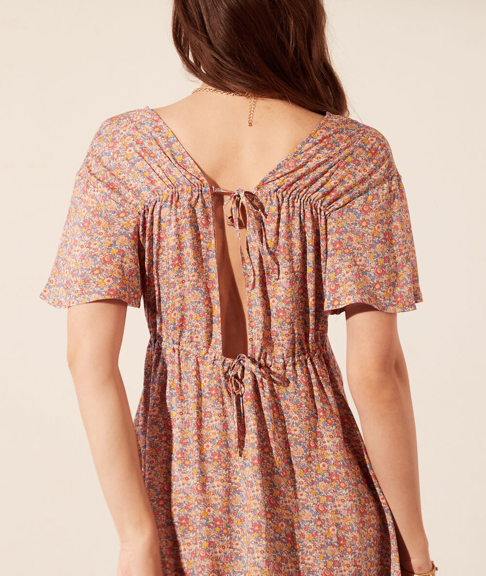 Robe dos ouvert made with liberty fabric corail.