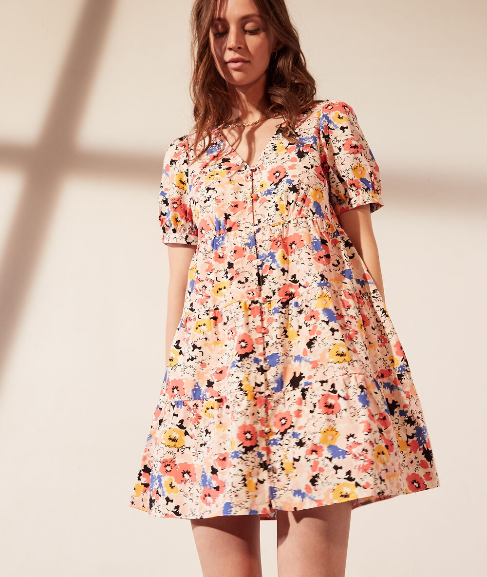 Robe évasée, manches ballon imprimé fleuri ecru.