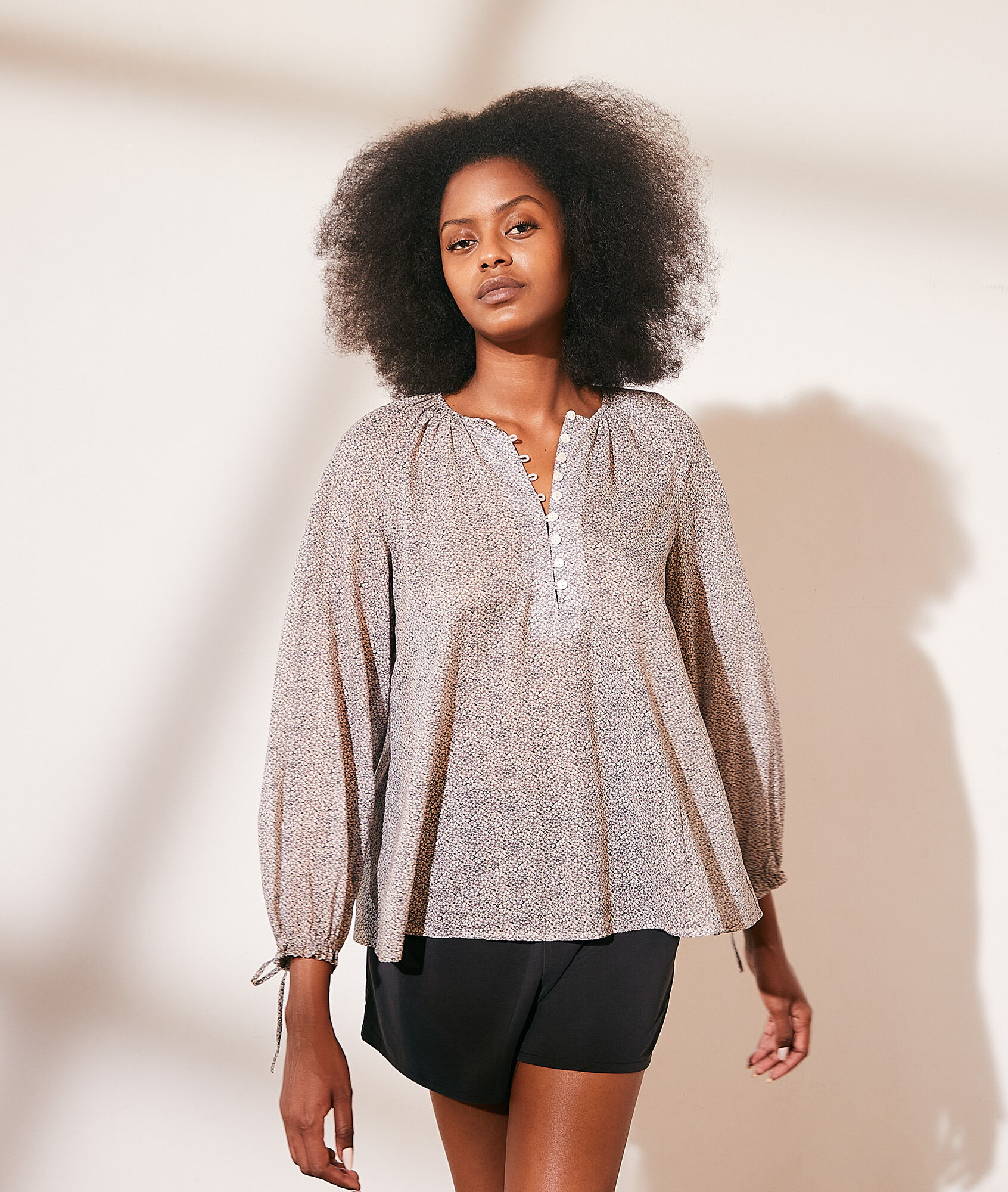 Blouse imprimée en coton col boutonné - Ariella - S - Bleu - Femme - Etam