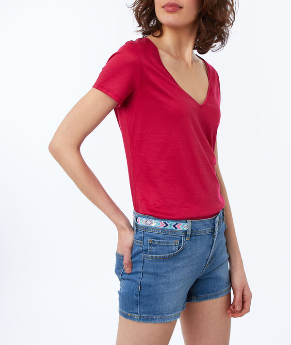 T-shirt uni col v fushia.