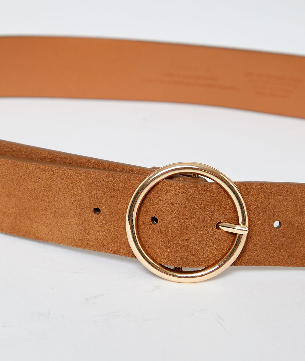 Ceinture boucle ronde en croûte de cuir savane.