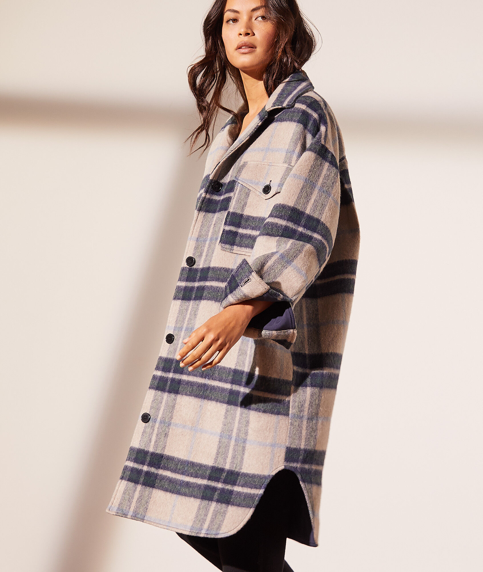 Manteau mi-long à carreaux - Dorne - S - Gris - Femme - Etam