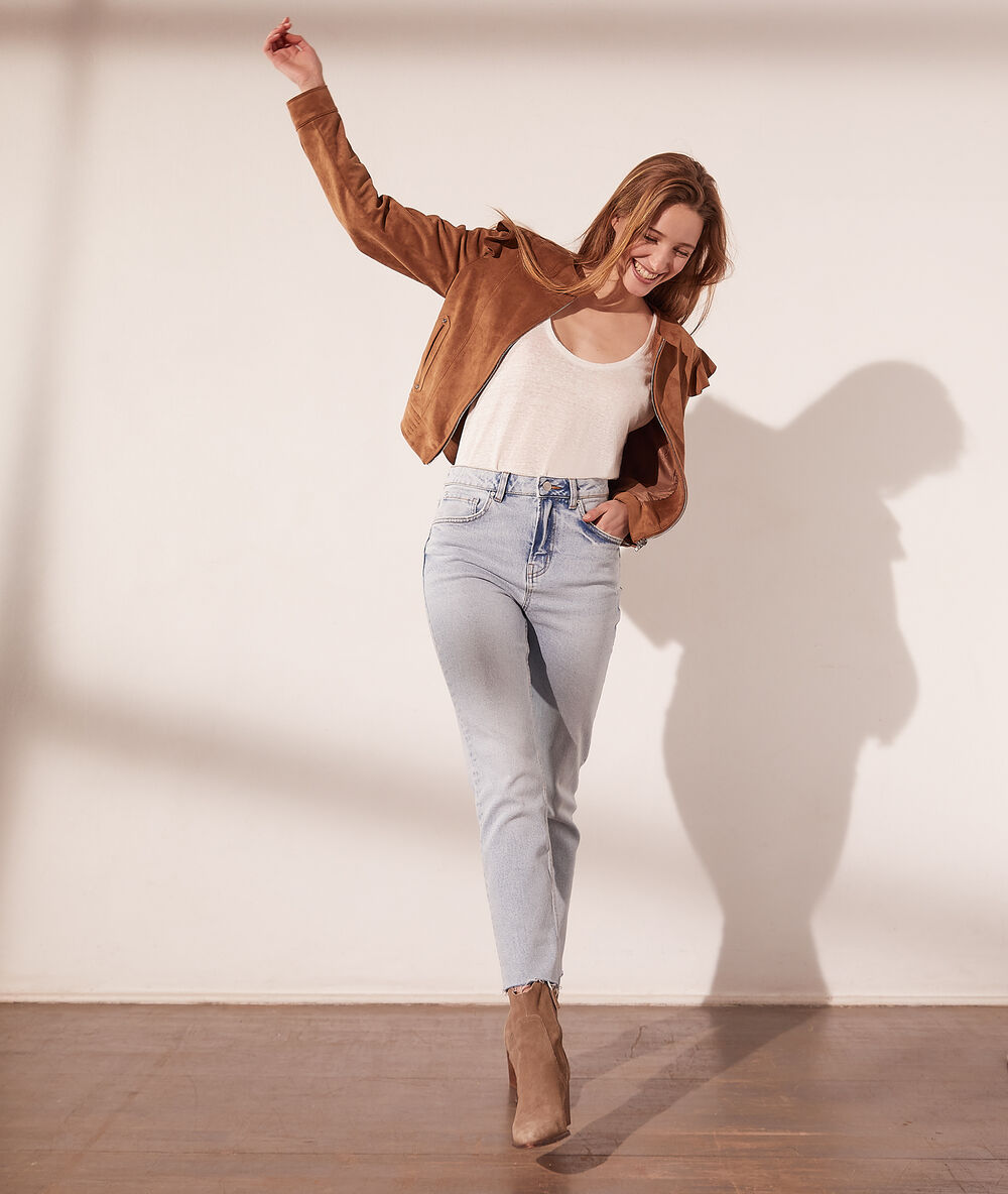 Veste effet daim manches à volants camel.