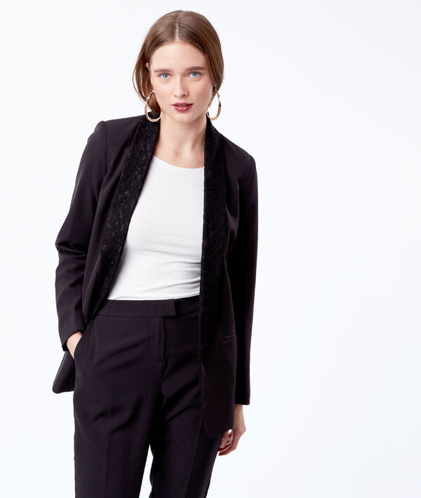 Veste de tailleur col empiècement dentelle noir.