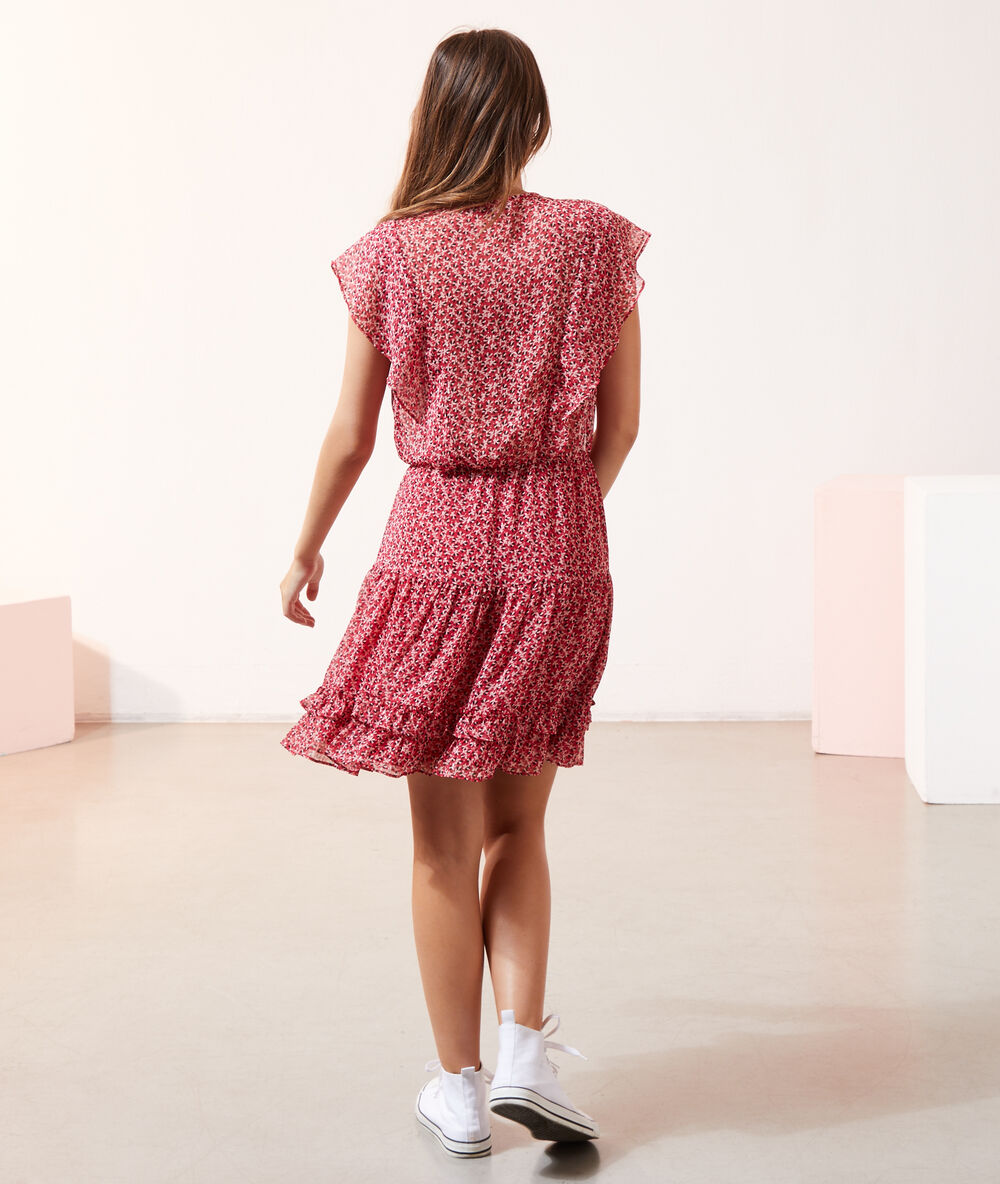 Robe imprimé fleuri à volants framboise.