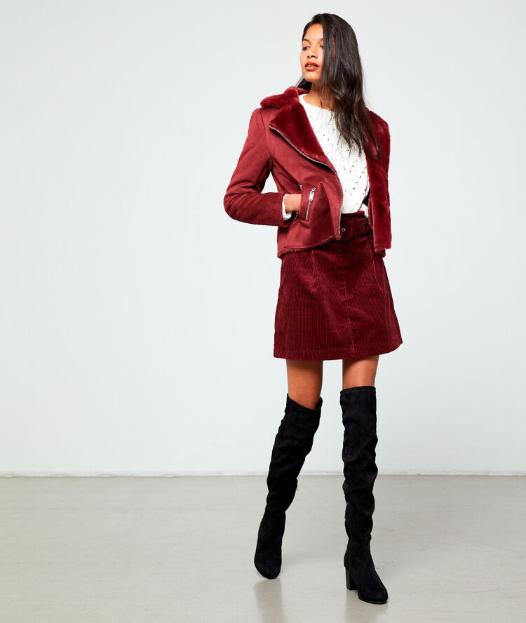 Blouson biker fourré bordeaux.