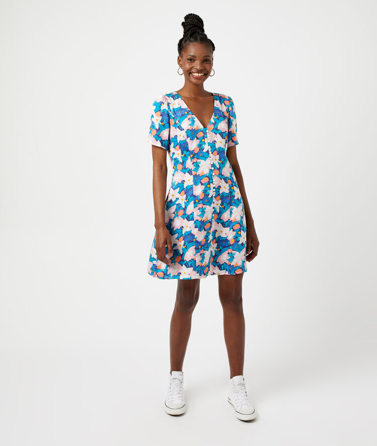 Robe boutonnée imprimé fleuri marine.