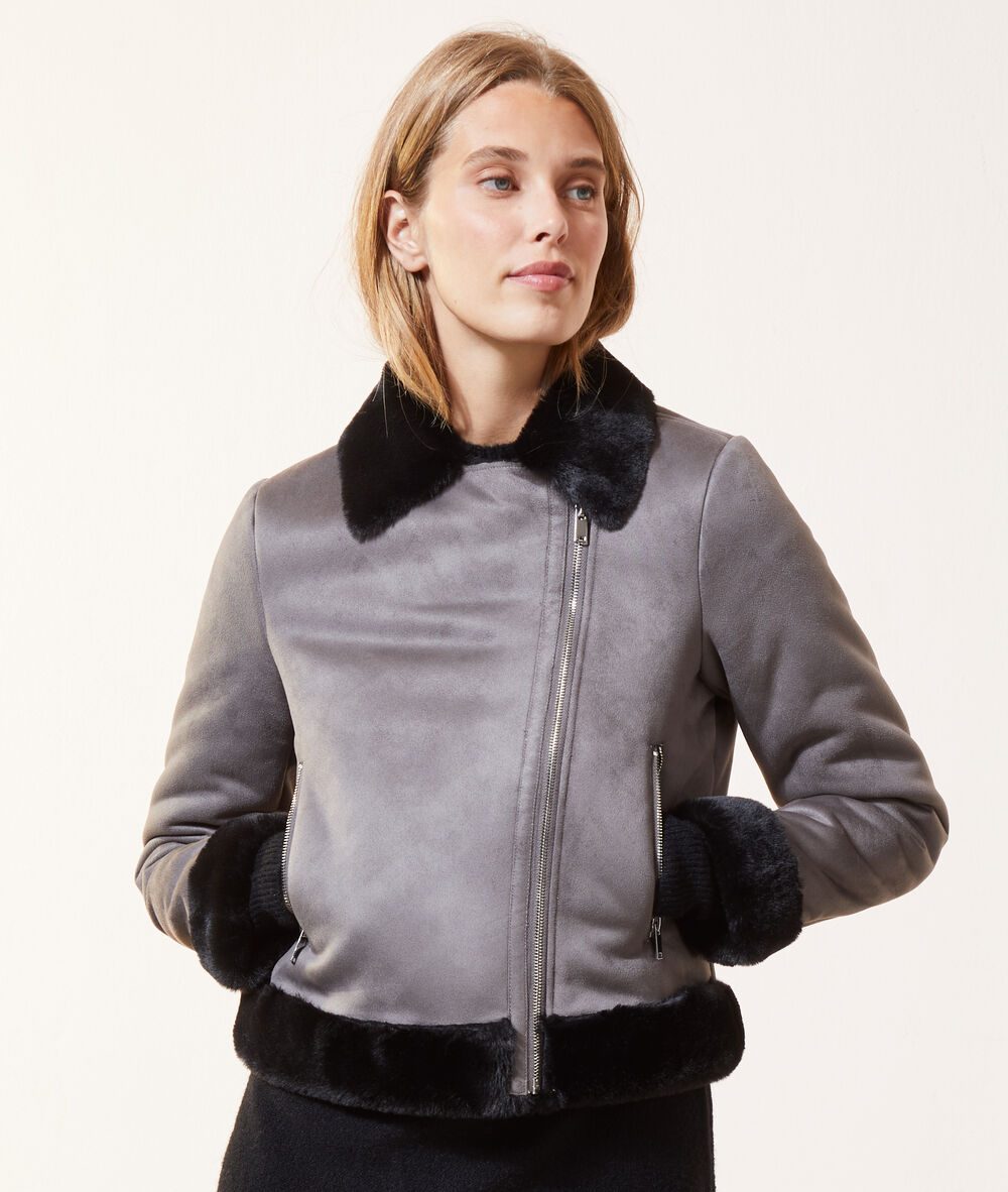 Manteau biker, fausse fourrure gris chine.