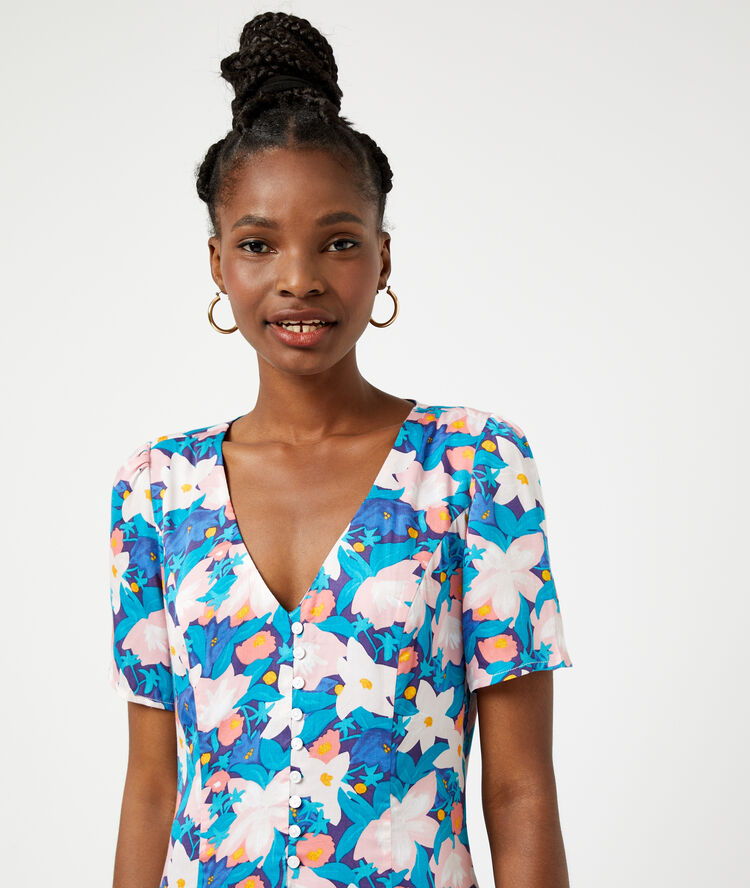 Robe boutonnée imprimé fleuri marine.