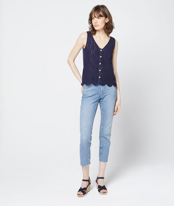 Débardeur à broderie anglaise marine.